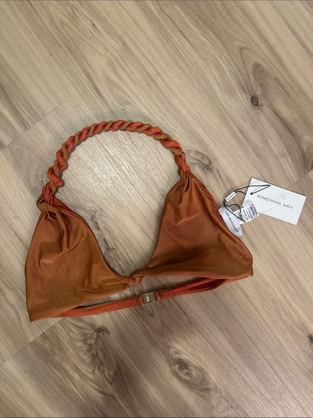 Something Navy Orange Bikini Top with Braided Strap size L NWT